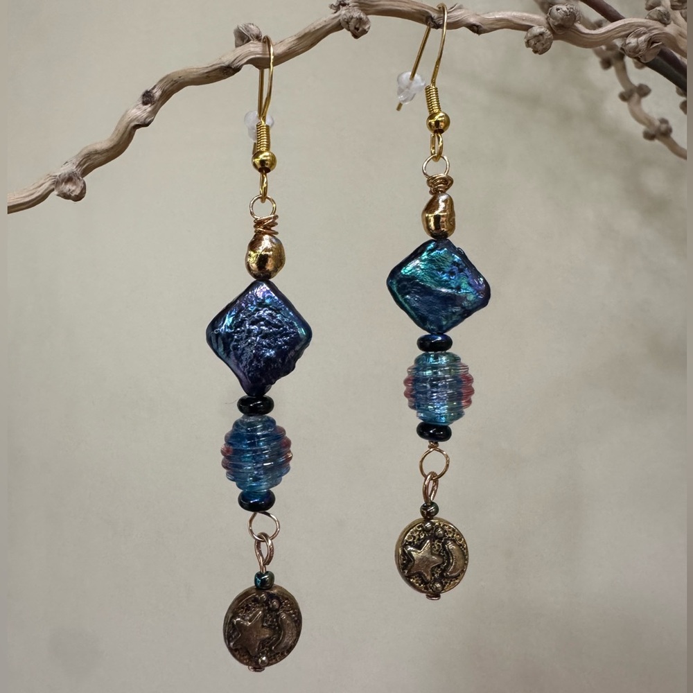 Iridescent Blue Pearl w/ Lampwork Glass, Moon/ Star Charm, Gold Drop Earrings